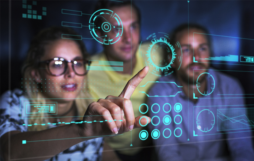 Conceptual image of woman and men using AppDynamics SaaS full-stack observability (data/metrics in the foreground)